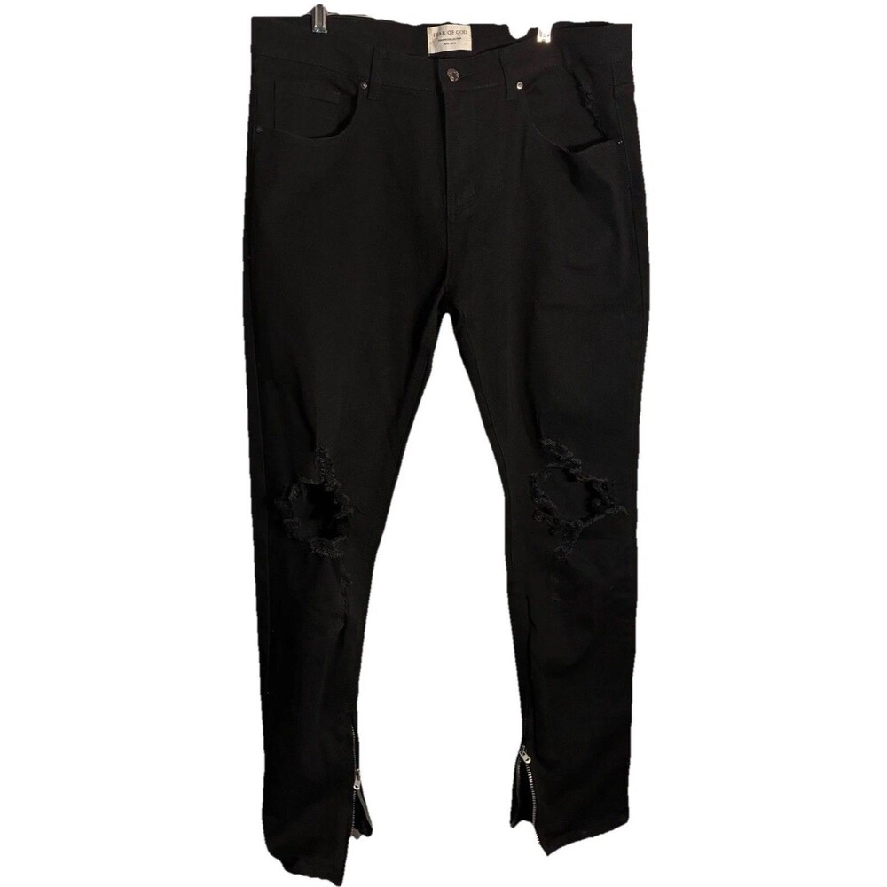 Fear of God Fourth Collection Jet Black Distressed Zipped Hem Jeans 38x30